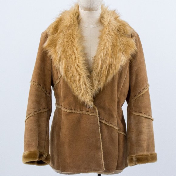 Vintage M Suede Leather Fur Jacket Coat Brown